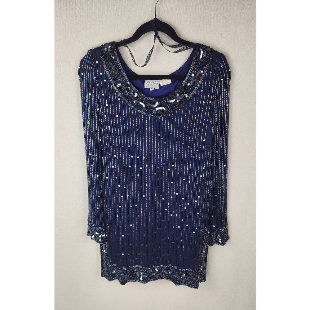 Vintage Stenay Blouse Womens 6 100% Silk Blue Beaded Blouse Classy sophisticated